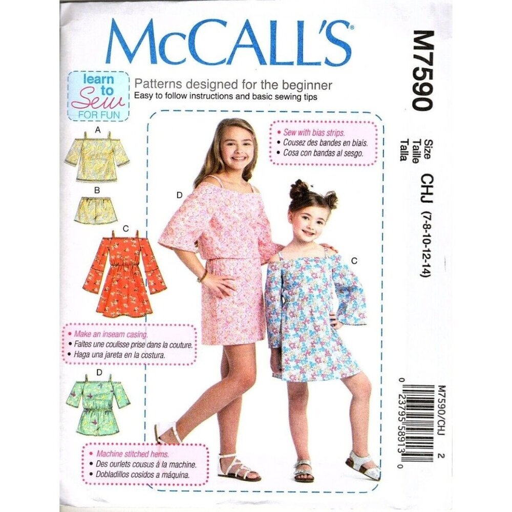McCalls M7590 Girls 7 to 14 Top Shorts and Romper Uncut Sewing Pattern New